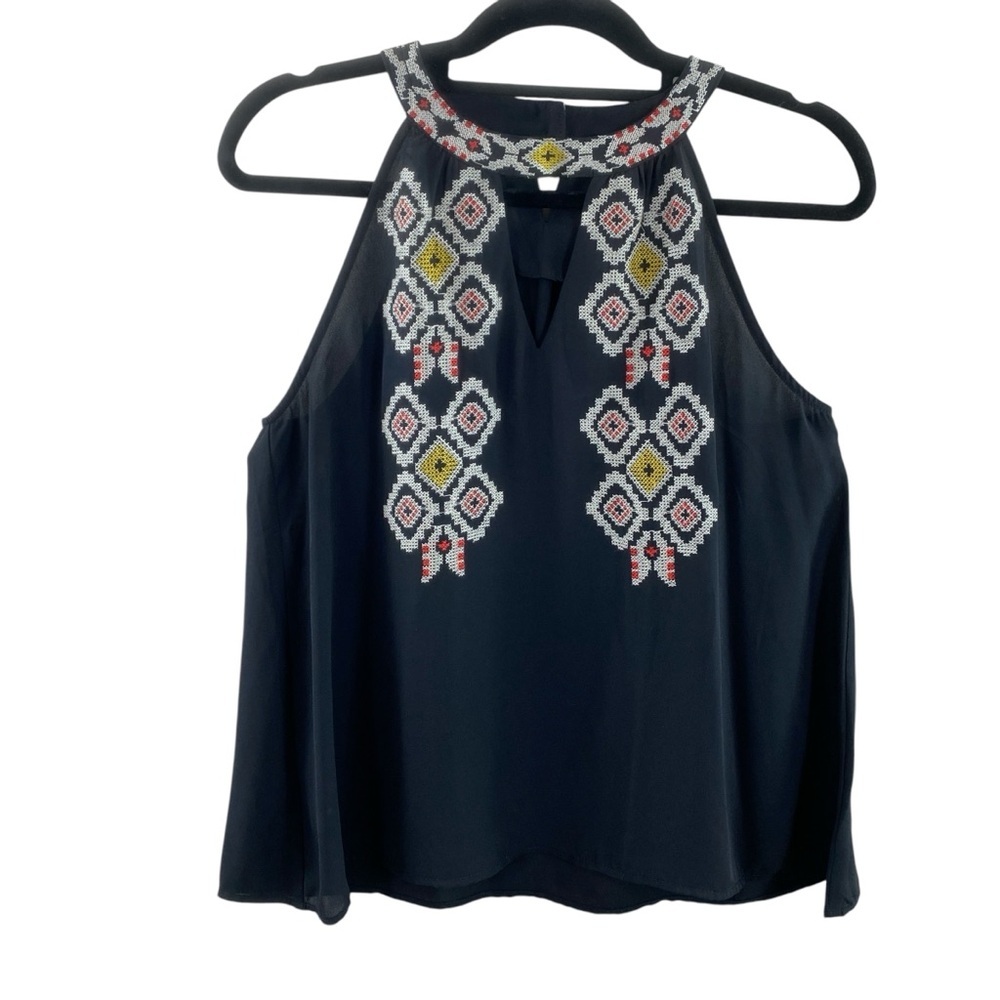 THMLโ Womenโs Black Sleeveless Embroidered Halter Tank Top Sz M